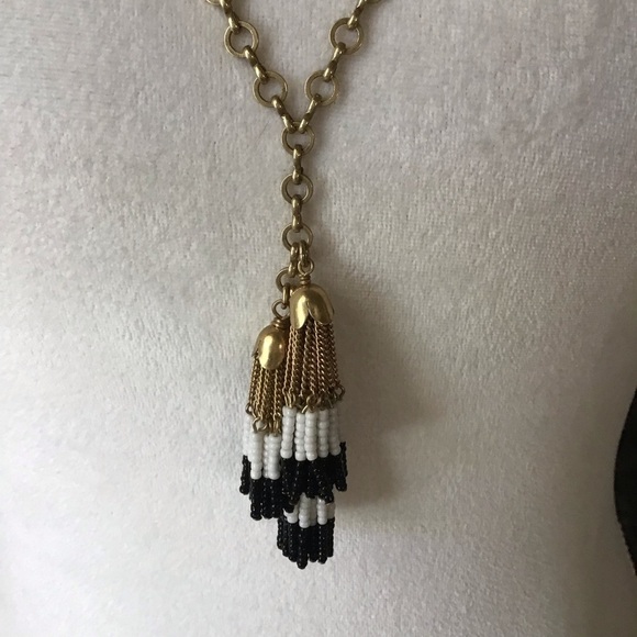 J.Crew Tassel Necklace Gold Tone Chain Black White Seed Bead Fringe Boho Chic - Picture 2 of 14